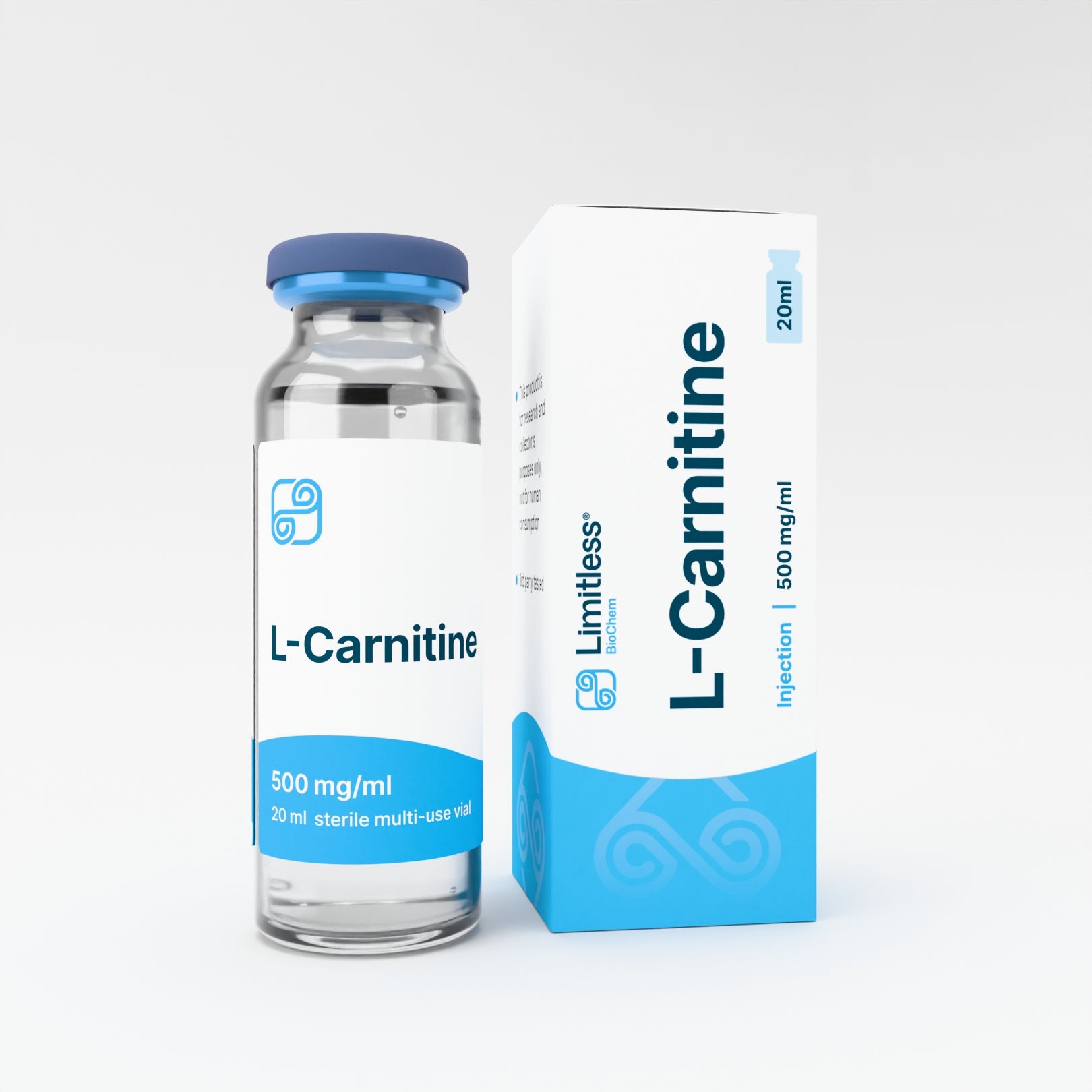 Glass vial of L-Carnitine 500mg/ml 20ml solution by LimitlessBiochem, for laboratory research use.