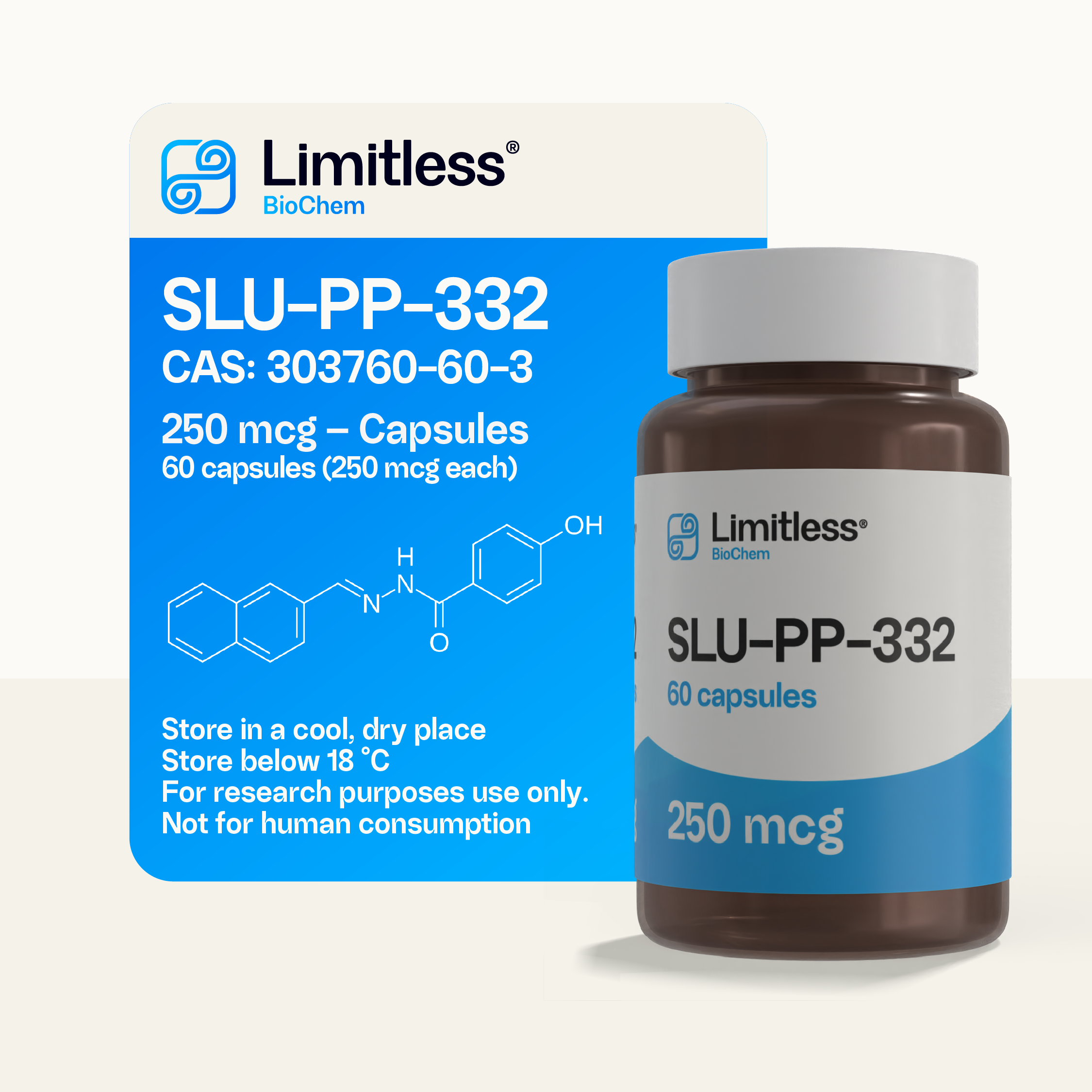 Bottle of SLU-PP-332 250 mcg research capsules (60 count) by LimitlessBiochem, for laboratory research use only.