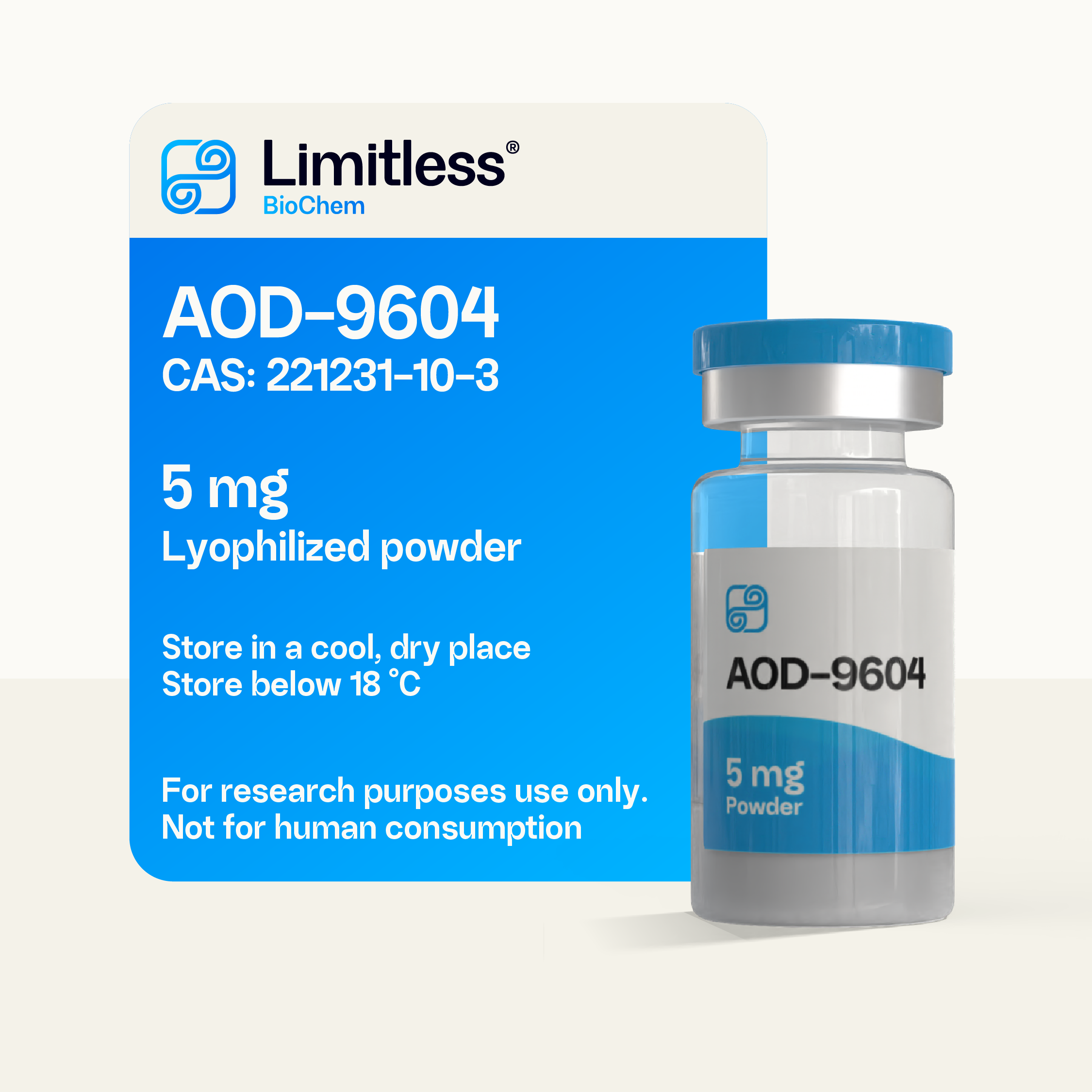 AOD-9604 5 mg lyophilized peptide powder in glass vial by Limitless BioChem, high-purity hGH 177–191 analog.