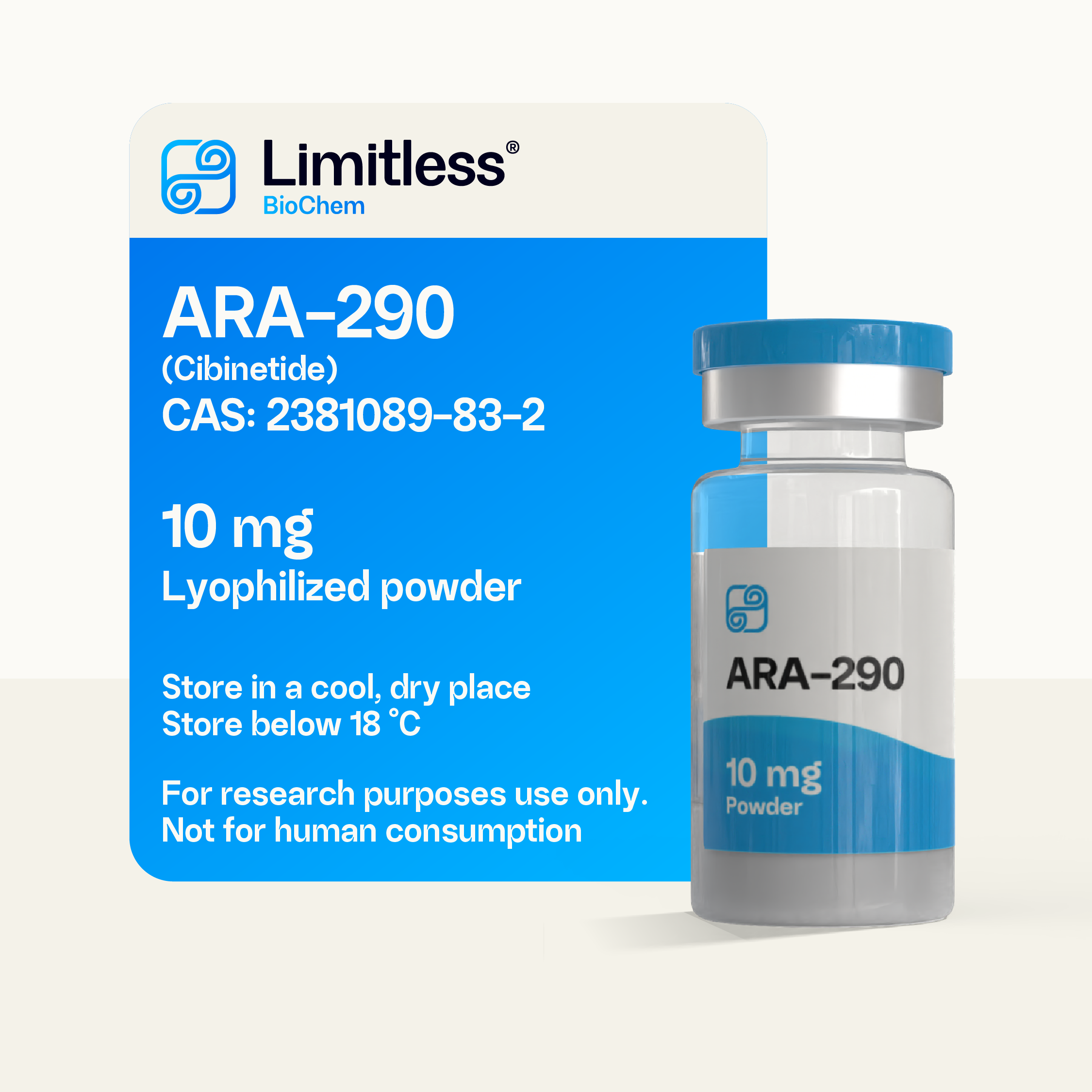 ARA-290 10 mg lyophilized peptide powder in a glass vial – Limitless Biochem, 99%+ purity.