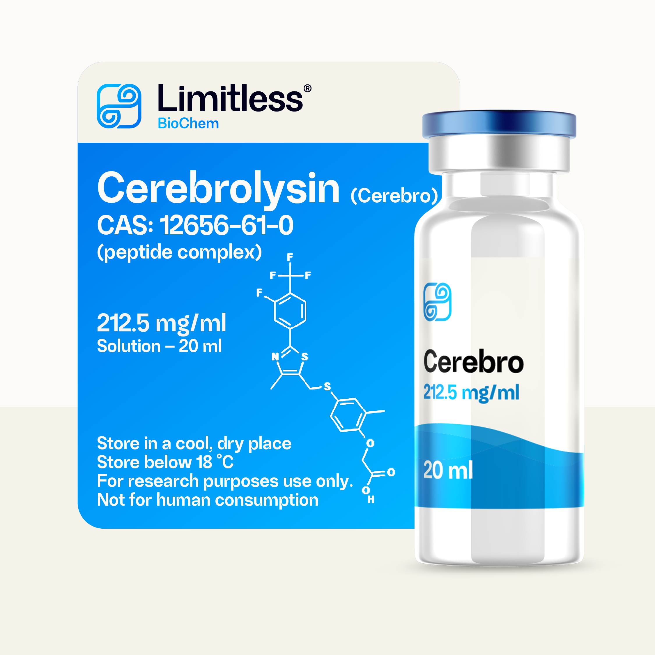 Cerebro (Cerebrolysin analogue) 212.5 mg/ml research solution in 20 ml glass bottle by Limitless BioChem, high-purity peptide-based brain extract.