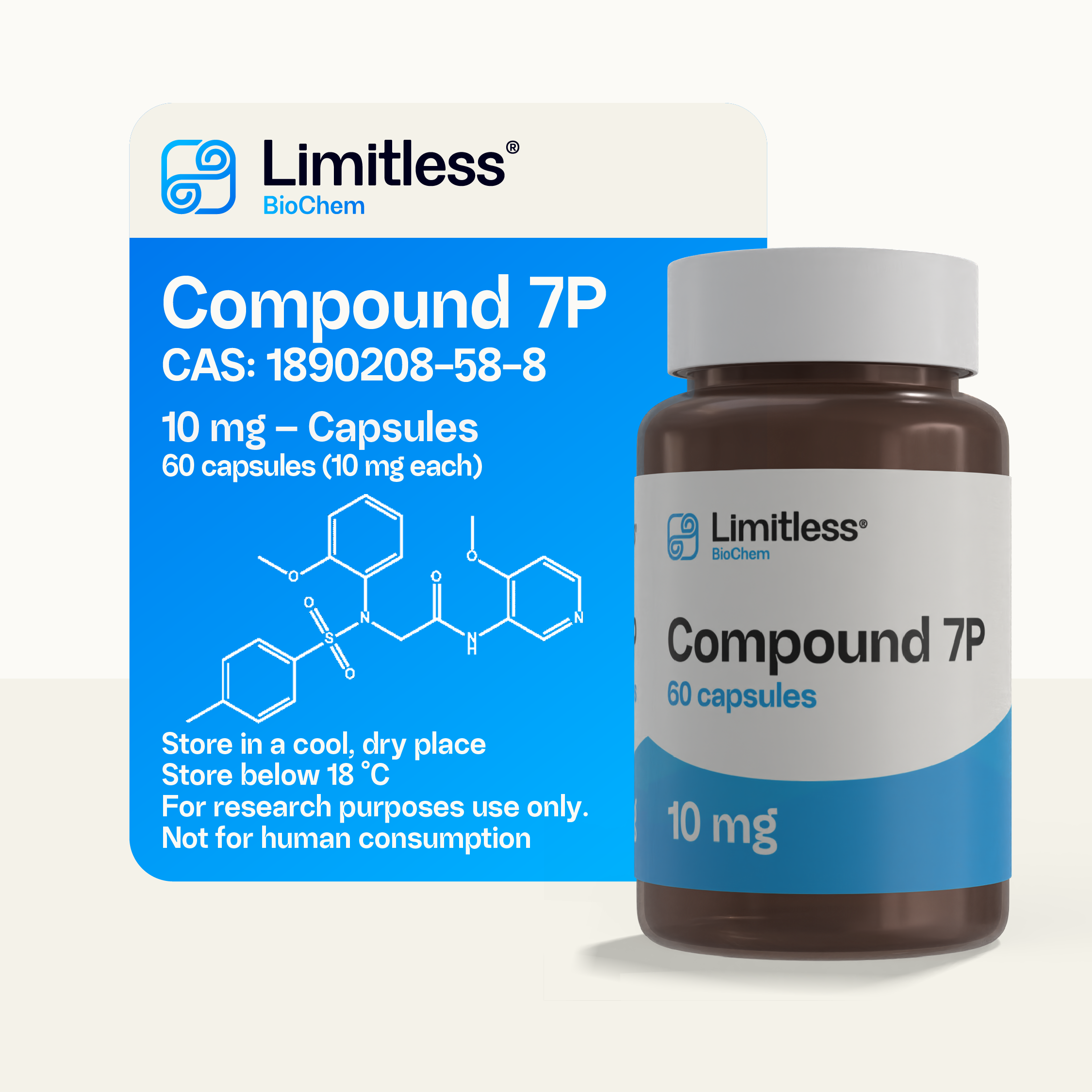 Compound 7P 10 mg research capsules in a 60-count bottle by Limitless BioChem, high-purity research compound.