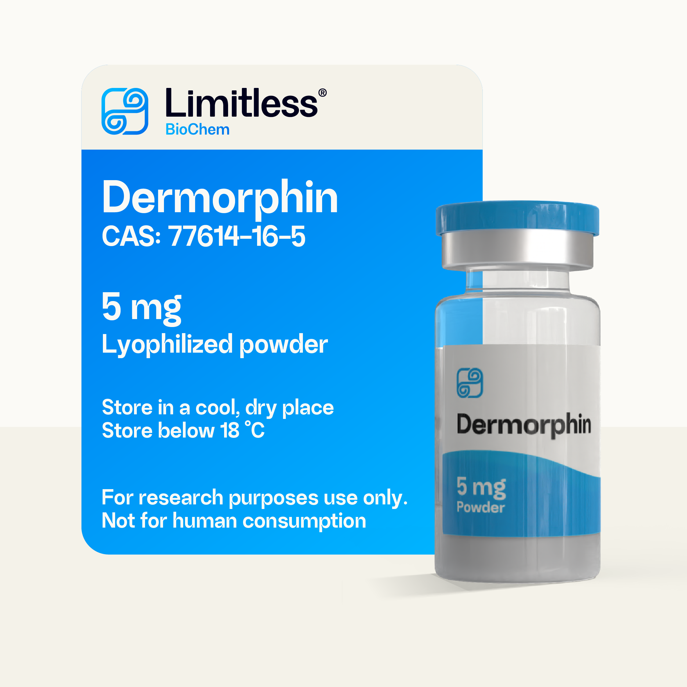 Dermorphin 5 mg lyophilized peptide powder in glass vial by Limitless BioChem, high-purity MOR-agonist research peptide.