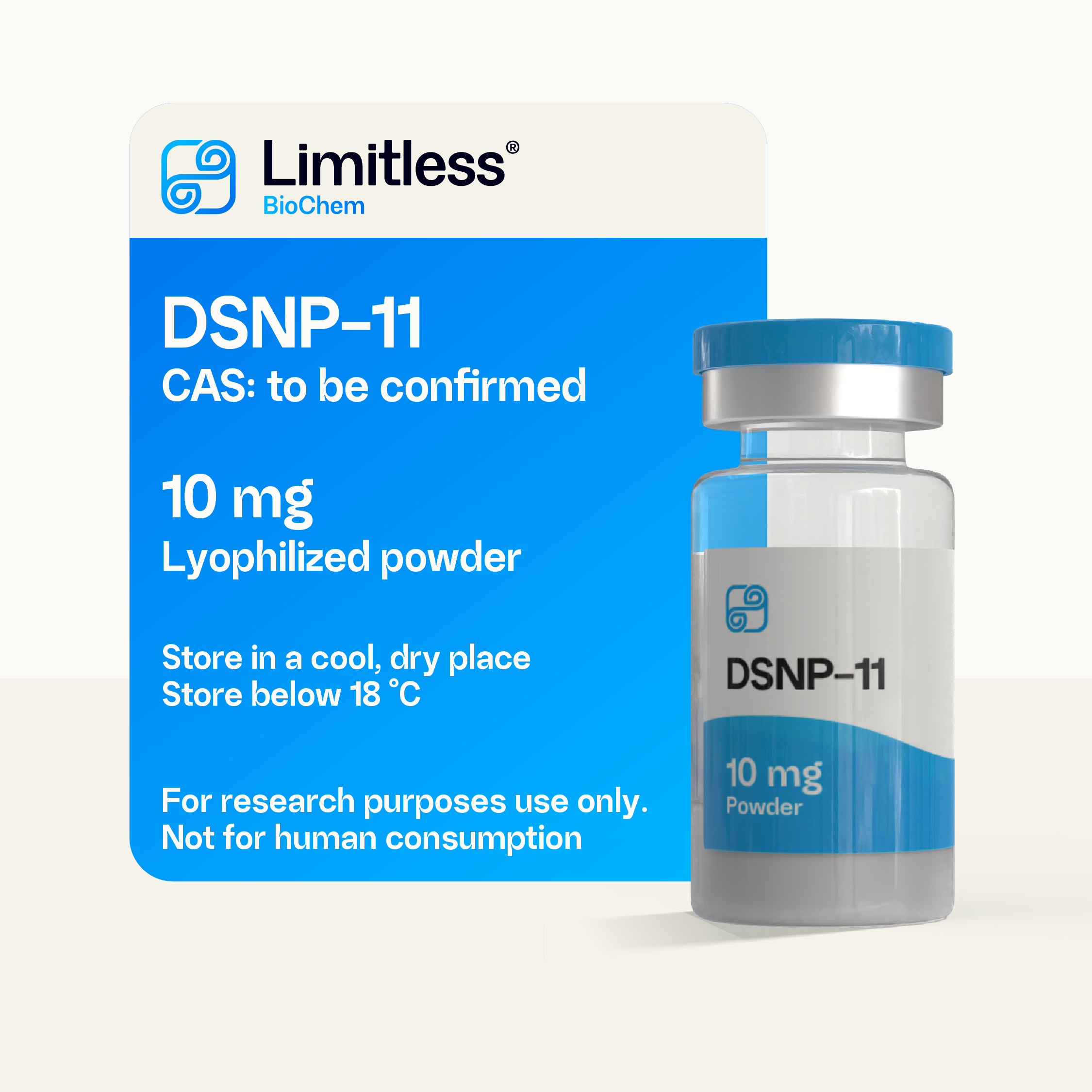 DNSP-11 10 mg lyophilized D-peptide powder in glass vial by Limitless BioChem, high-purity Nogo-66 receptor antagonist research peptide.
