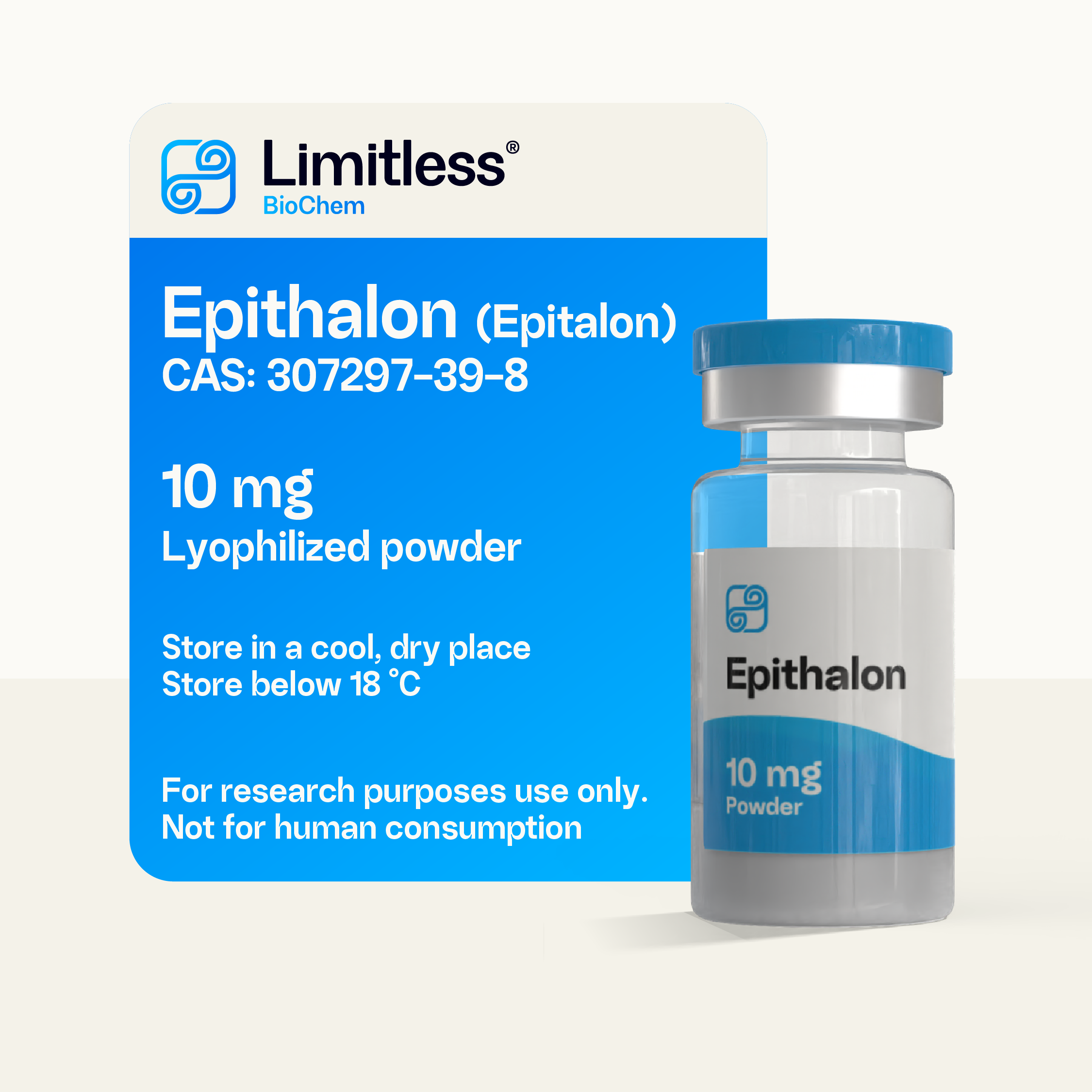 Epithalon 10 mg lyophilized peptide powder (AEDG tetrapeptide) in glass vial by LimitlessBiochem, 99%+ purity, for telomerase and cellular aging research.
