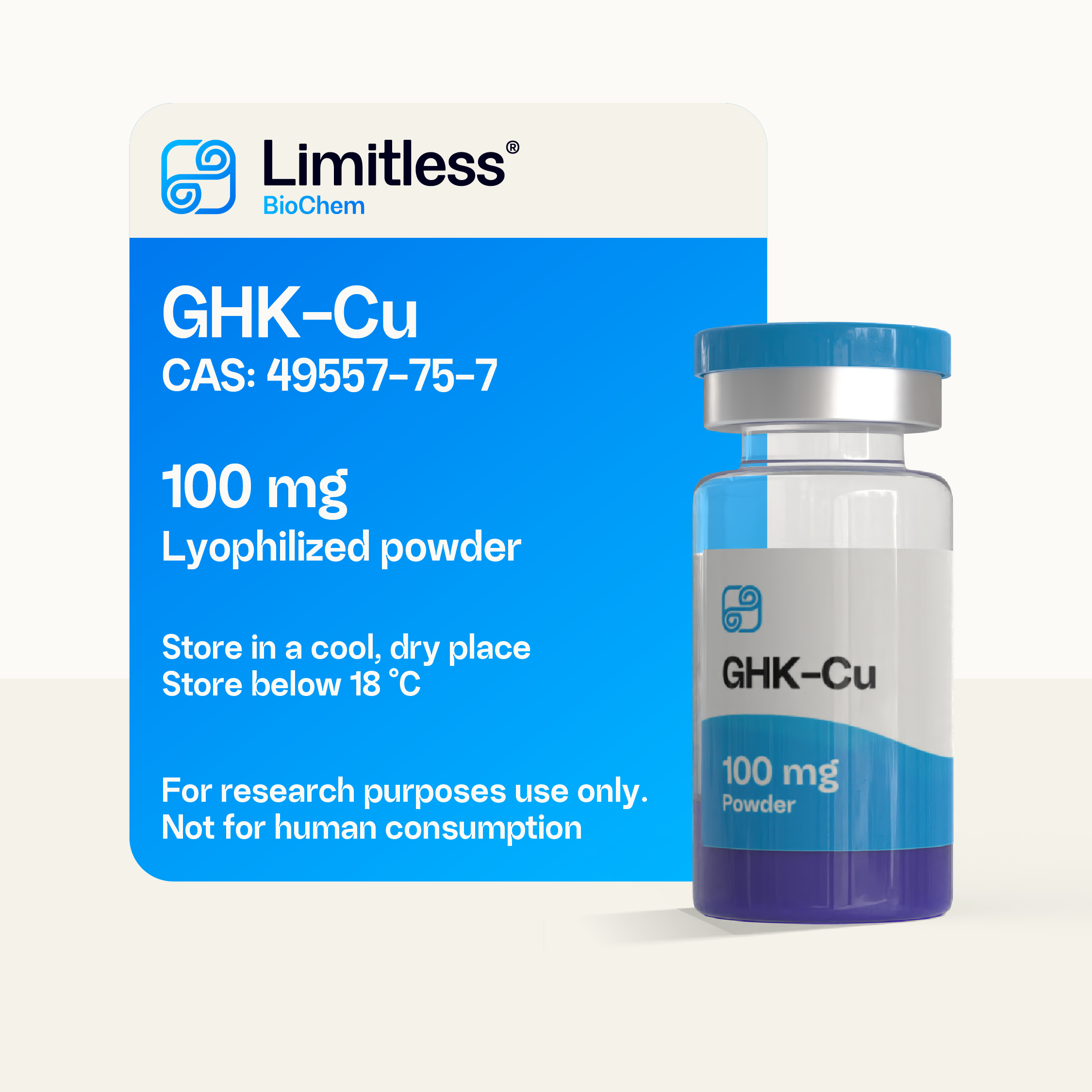 GHK-Cu 100 mg lyophilized peptide powder in glass vial by Limitless BioChem, high-purity copper-peptide complex research peptide.