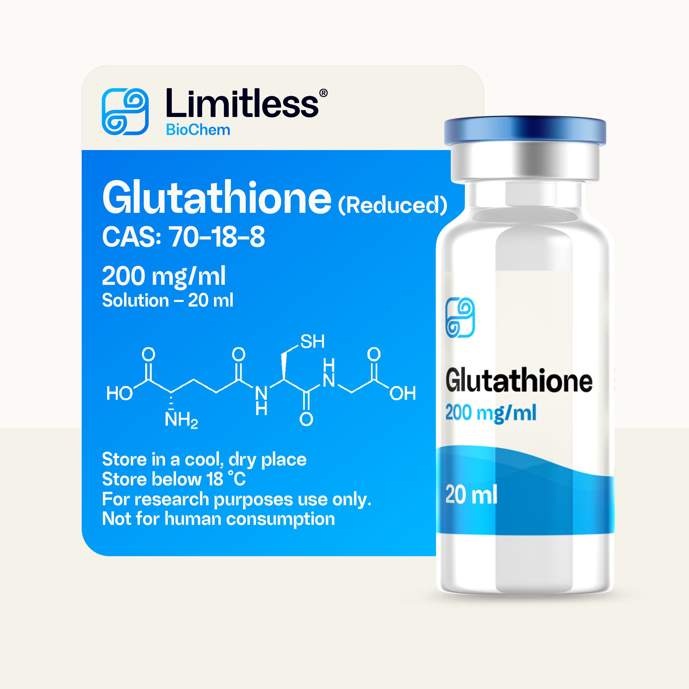 Glass vial of Glutathione 200mg/ml 20ml solution by LimitlessBiochem, for laboratory research use.
