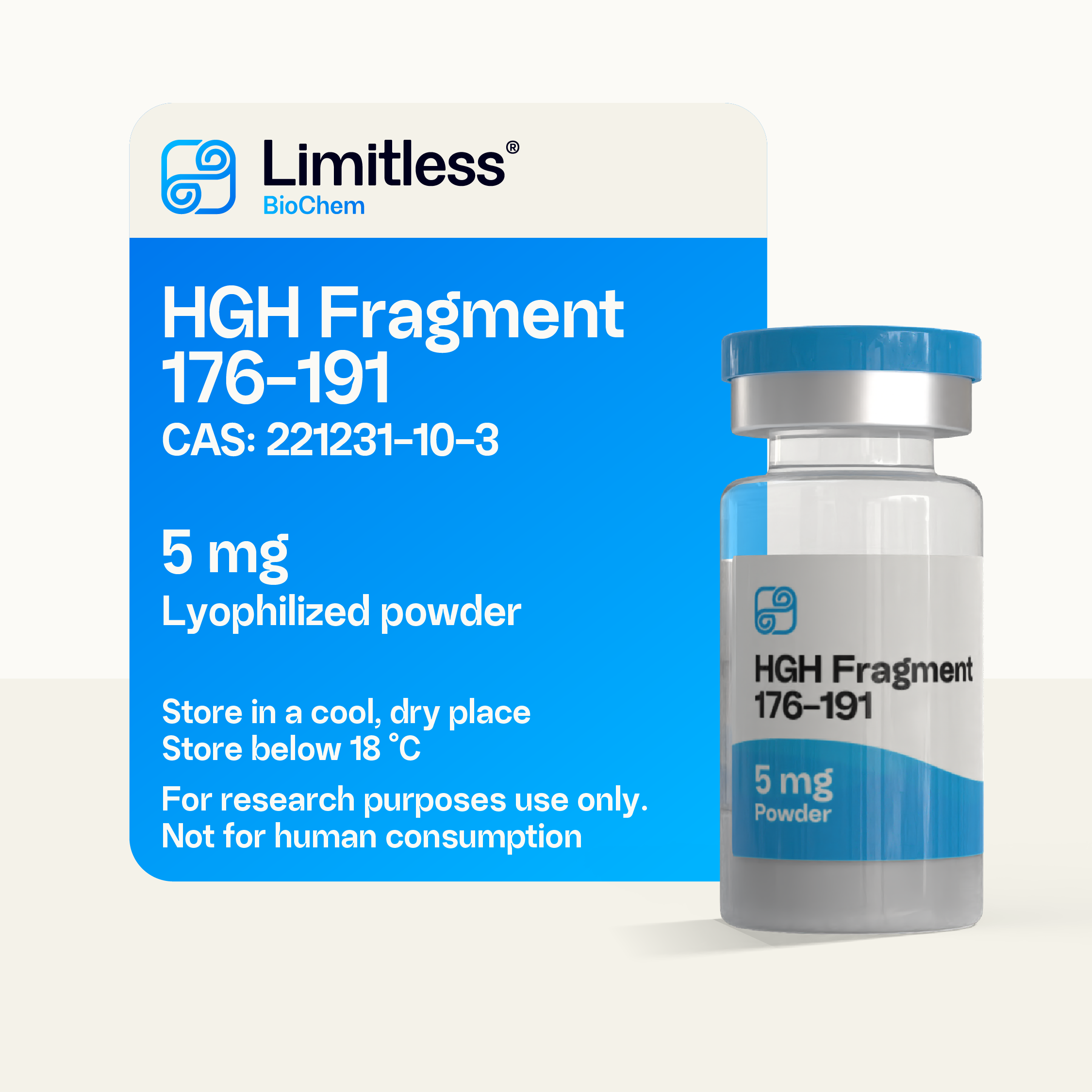HGH Fragment 176-191 5 mg lyophilized peptide powder in glass vial by Limitless BioChem, high-purity AOD-9604 research peptide.