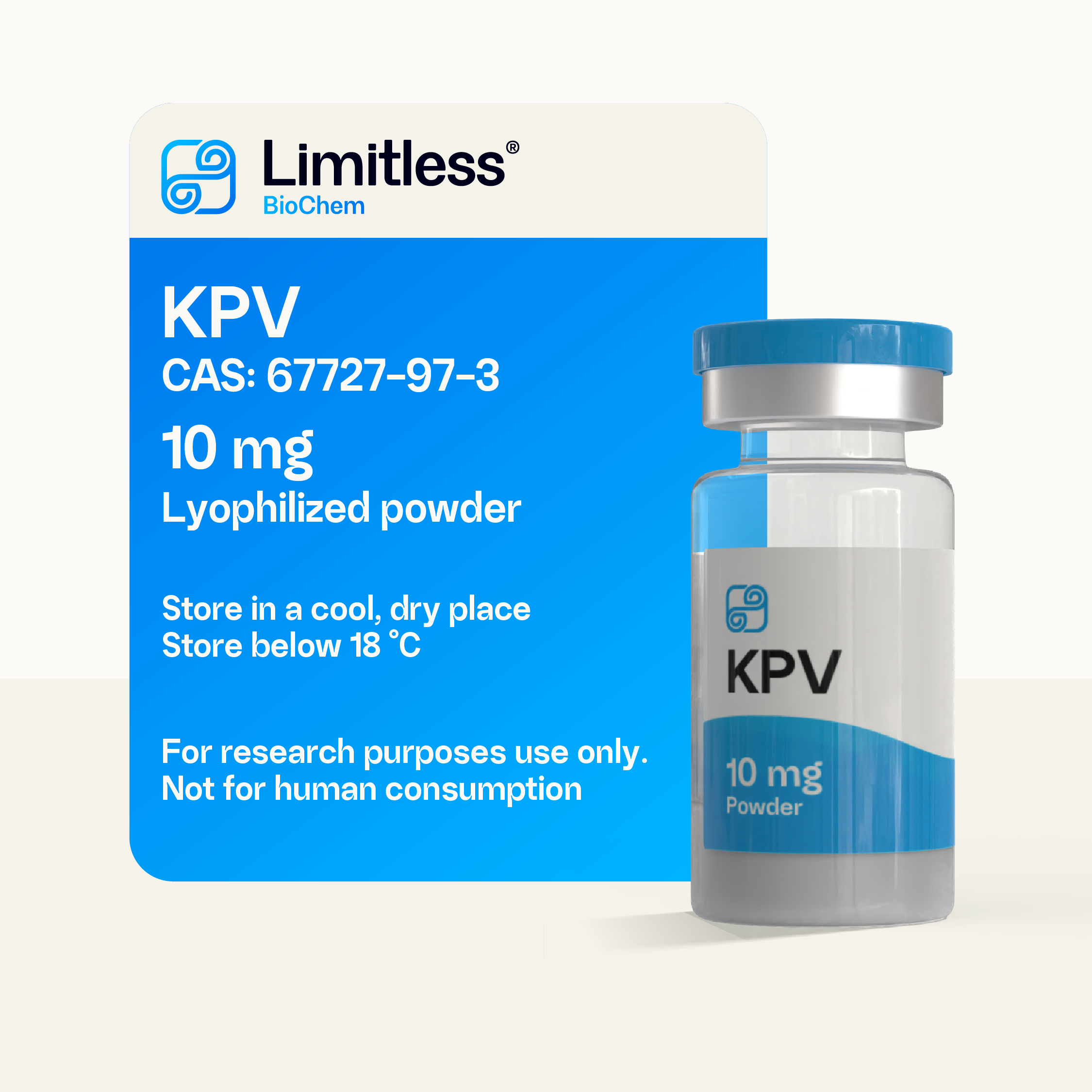 Glass vial of KPV 10 mg lyophilized peptide powder (Lys–Pro–Val) by LimitlessBiochem, 99% purity.
