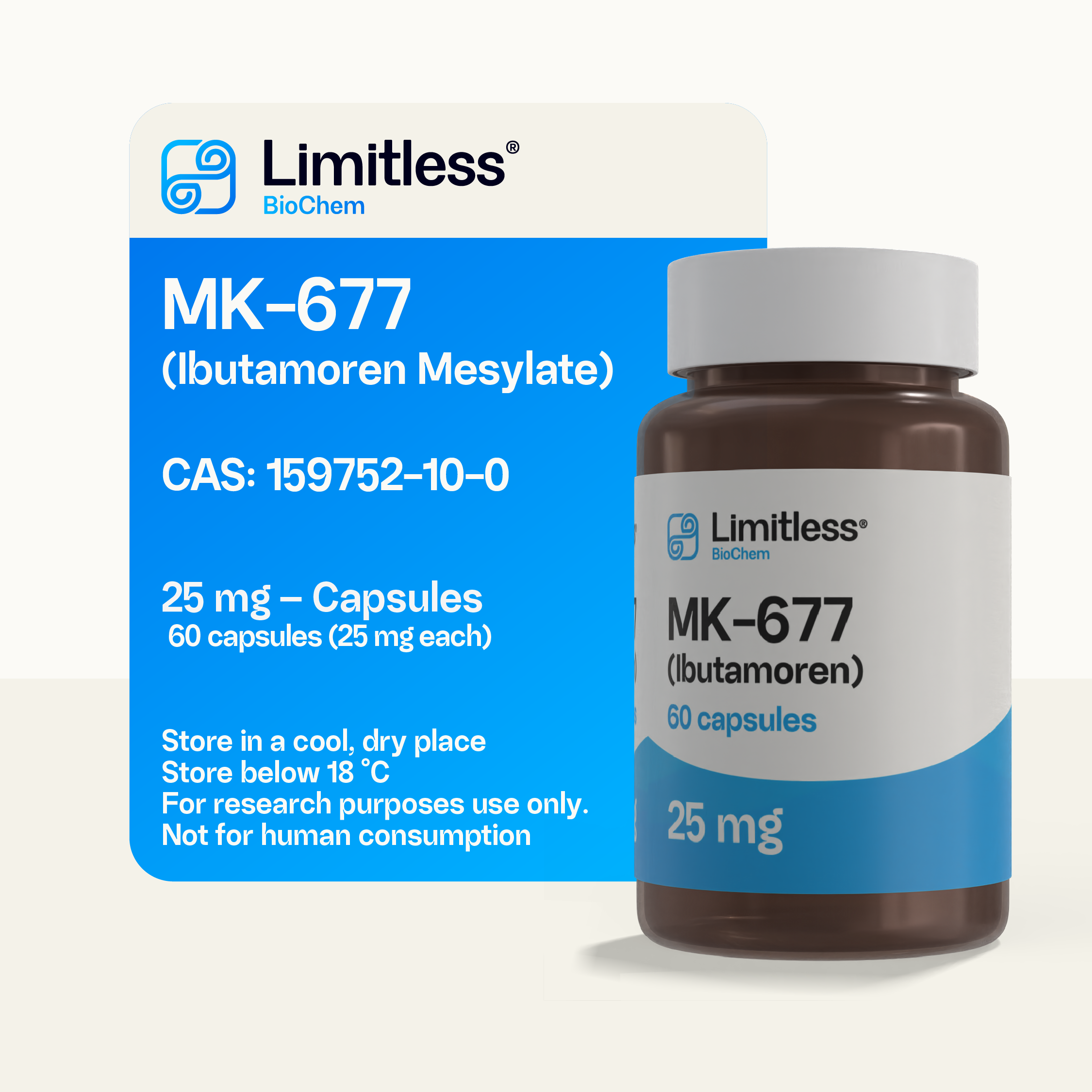 MK-677 Ibutamoren 25 mg 60 capsules, 99%+ purity research-grade GH secretagogue by Limitless BioChem, lab-tested.