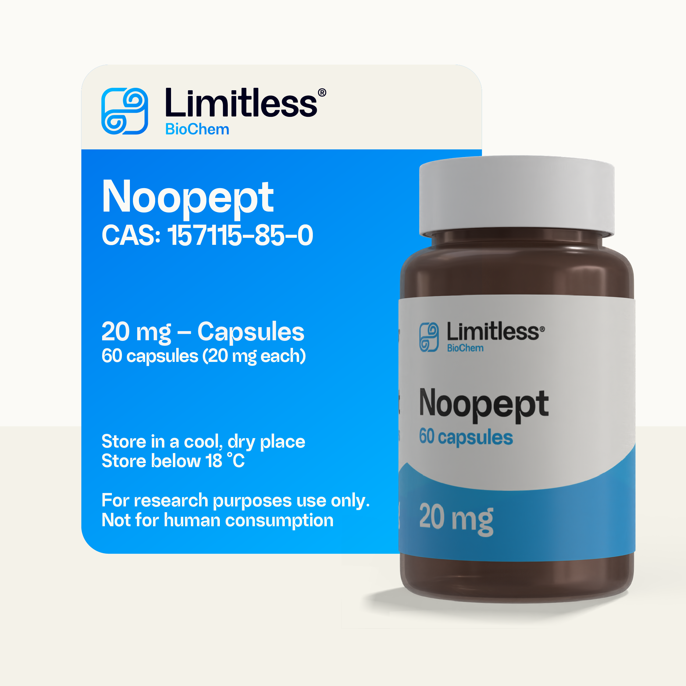 Noopept 20 mg – 60 capsules by Limitless BioChem, high-purity research compound capsules.
