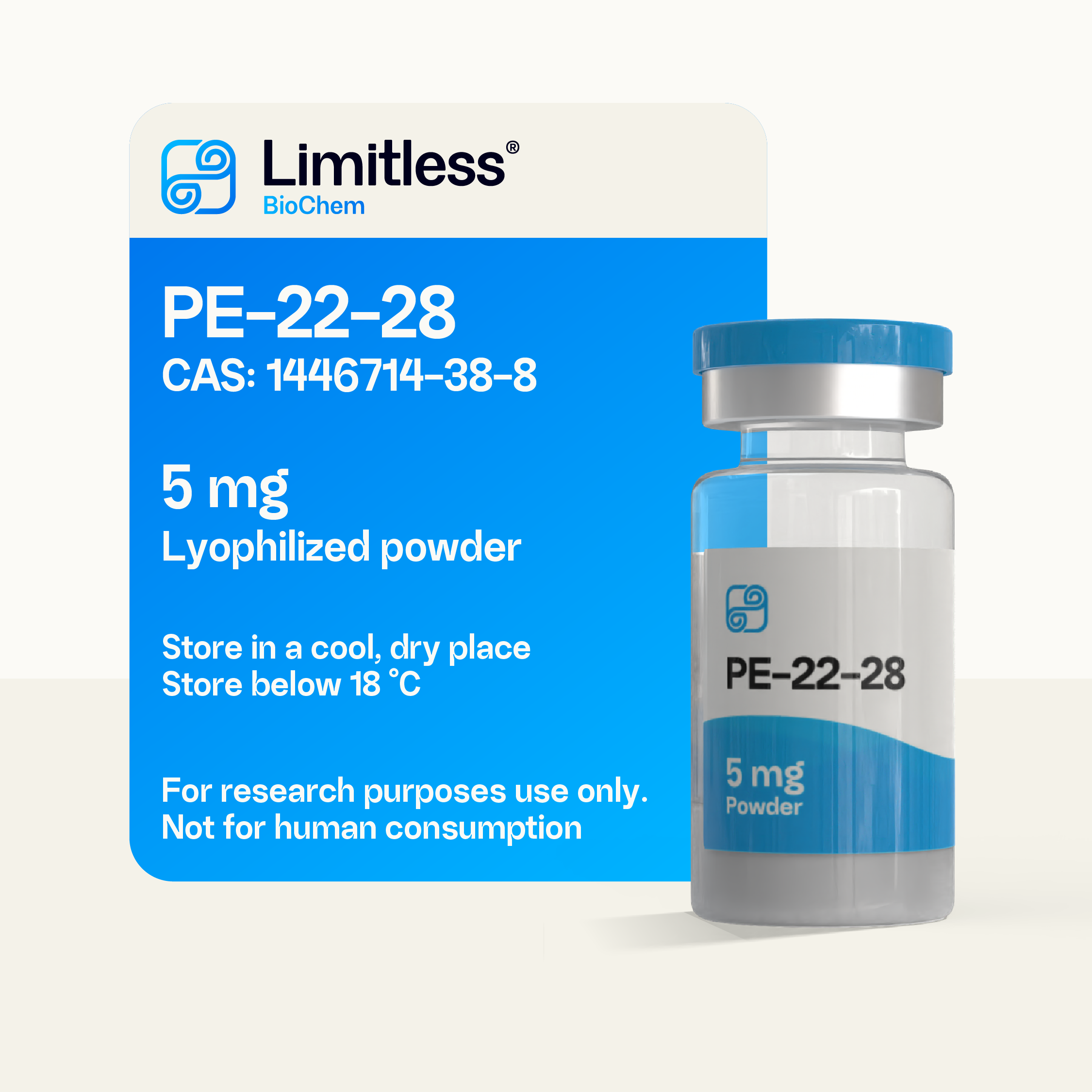 PE22-28 5 mg lyophilized peptide powder in glass vial by Limitless BioChem, high-purity Spadin heptapeptide research compound.
