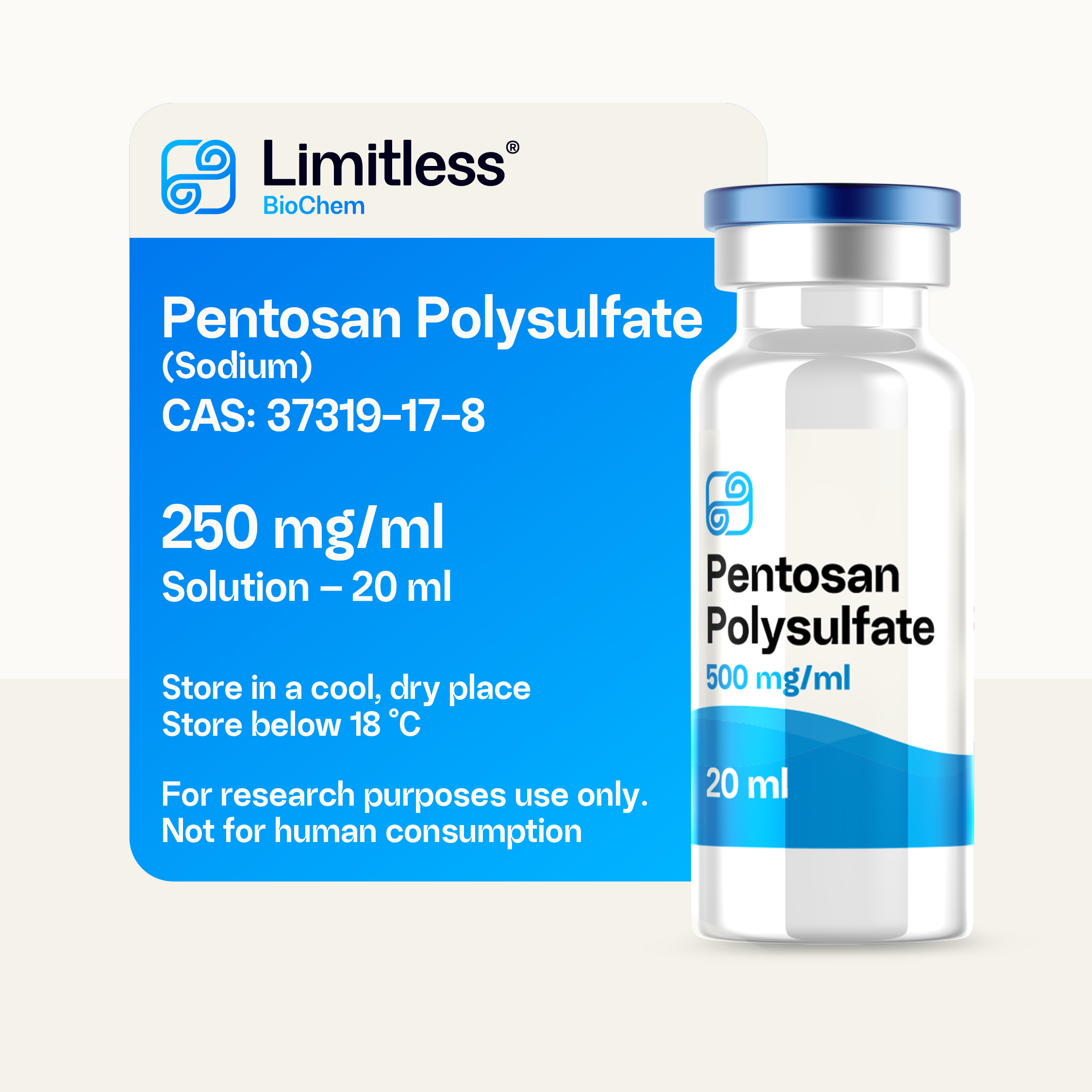 Pentosan Polysulfate 250 mg/ml research solution, 20 ml glass bottle by Limitless BioChem, high-purity sulfated polysaccharide.