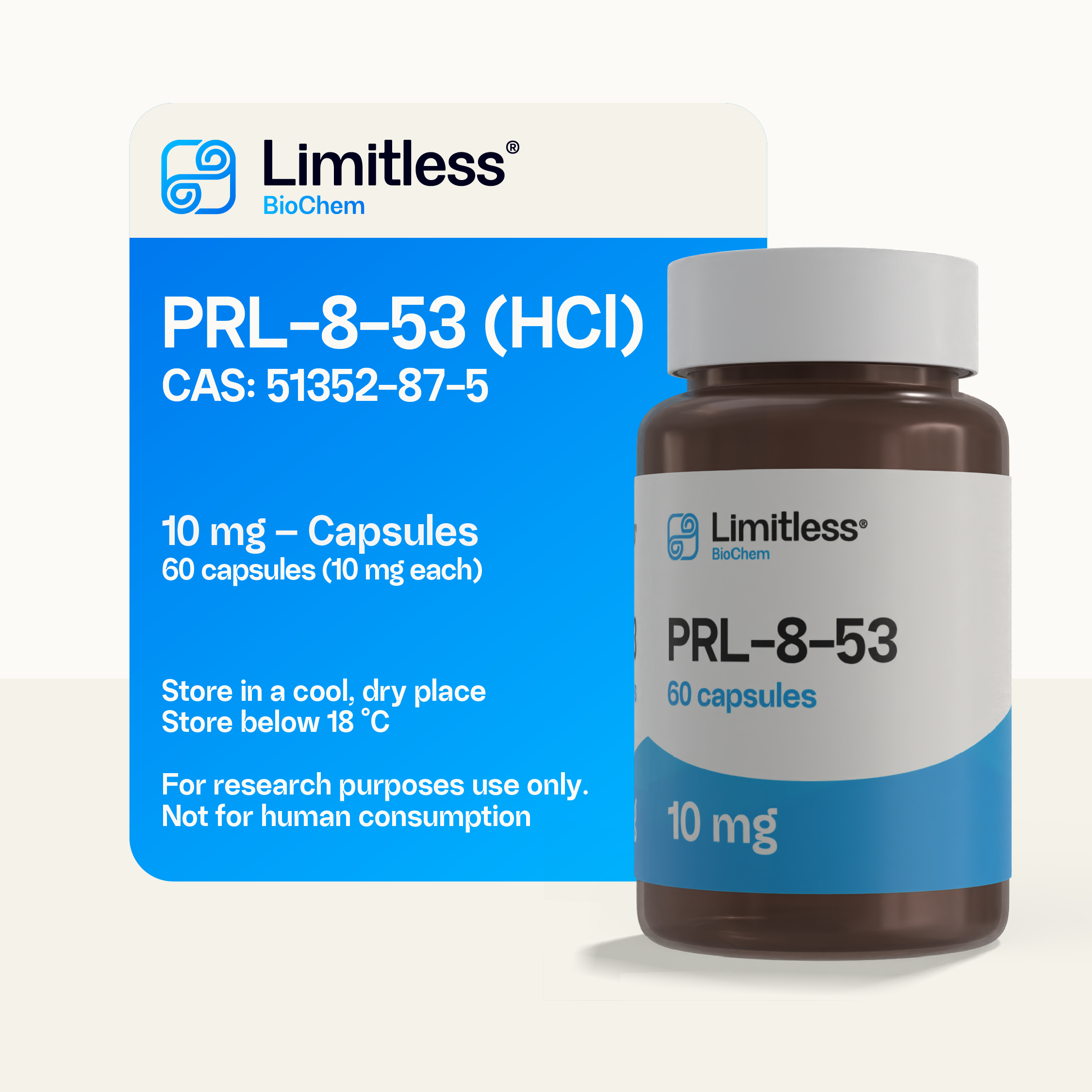 PRL-8-53 10 mg research capsules, 60 count bottle by Limitless BioChem, high-purity research compound.