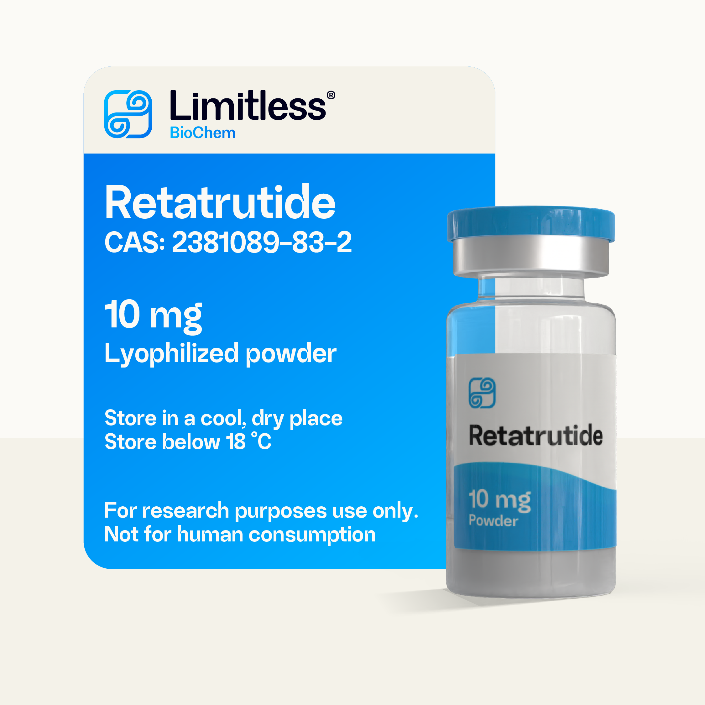 Retatrutide 10 mg lyophilized peptide powder in glass vial by Limitless BioChem, 99%+ purity, third-party tested triple agonist research peptide.