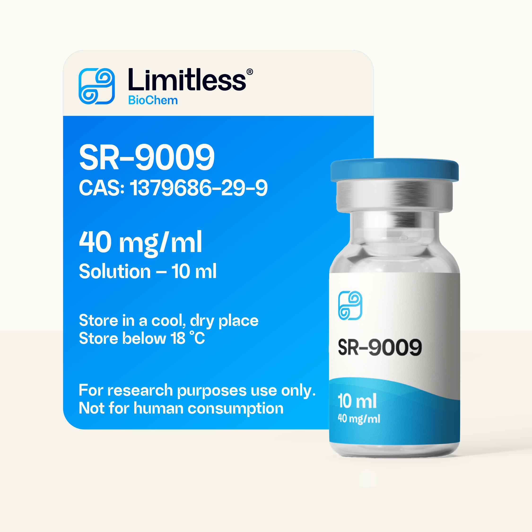 Glass bottle of SR-9009 40 mg/ml MCT oil solution 10 ml by LimitlessBiochem.