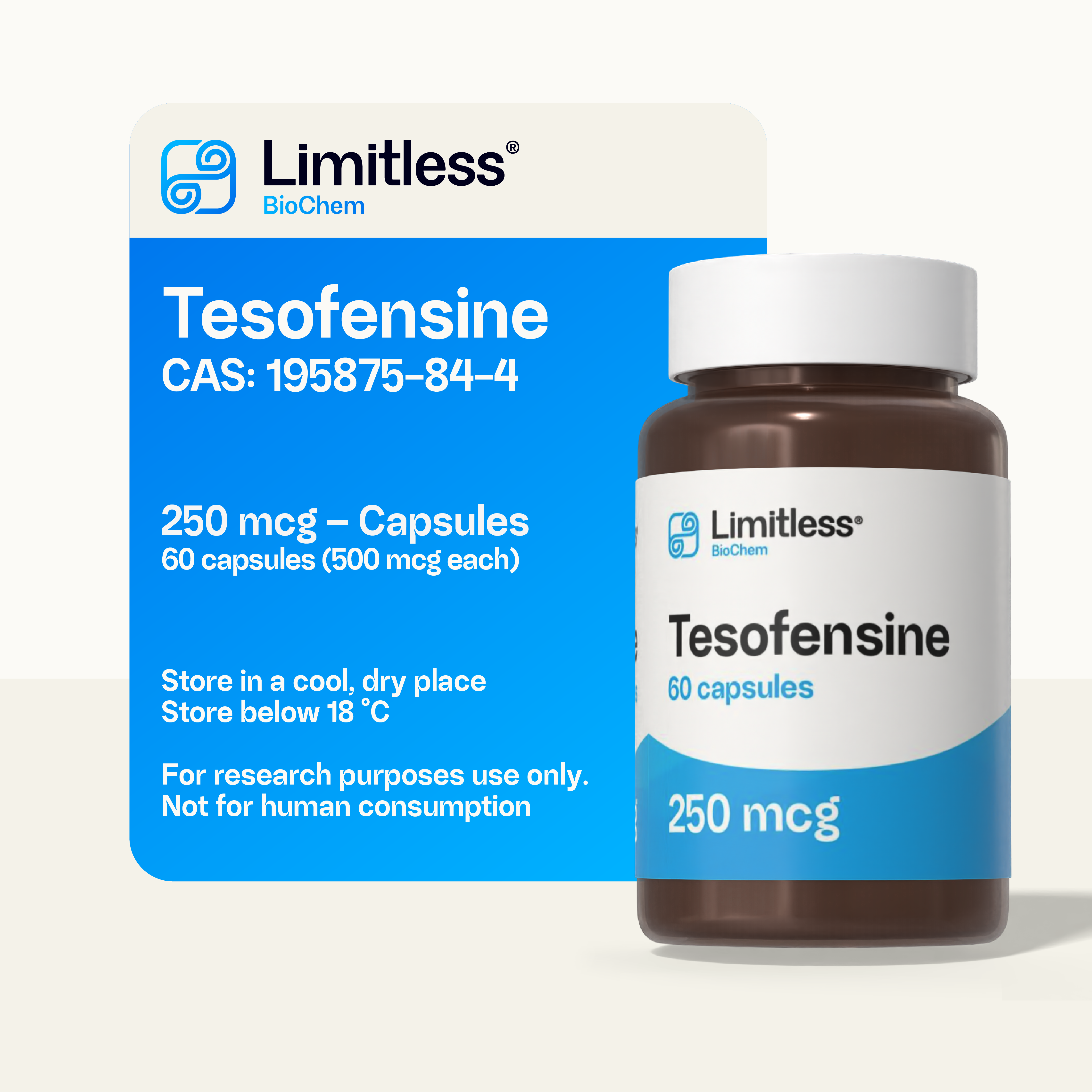 Tesofensine 2500 mcg – 60 capsules by Limitless BioChem, high-purity research compound capsules.