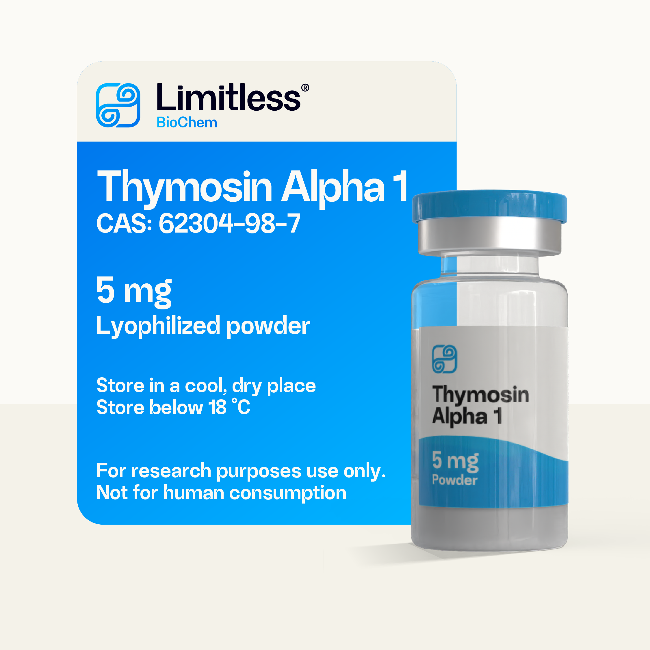 Thymosin Alpha 1 5 mg lyophilized peptide powder in glass vial by LimitlessBiochem, 99% purity.
