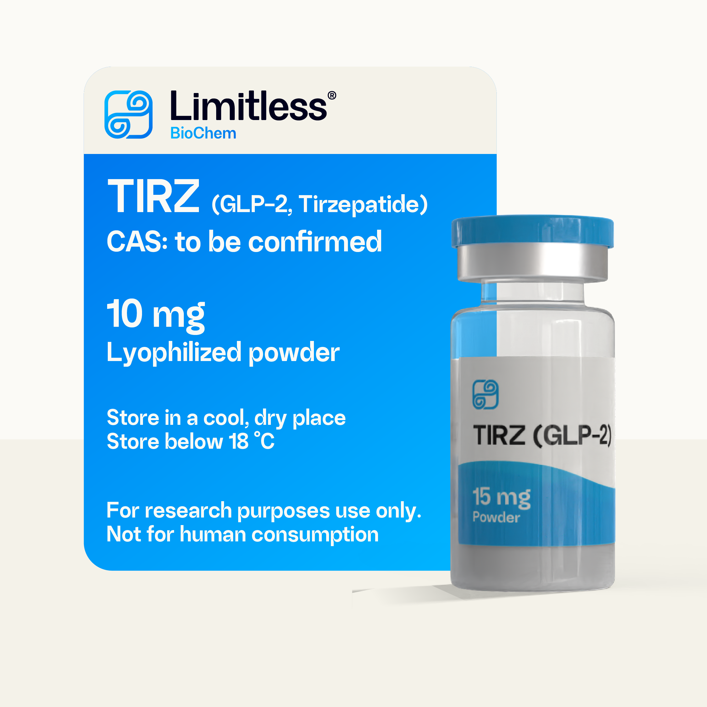TIRZ (GLP-2) 10 mg lyophilized peptide powder in a glass vial by Limitless BioChem, high-purity incretin research peptide (LY3298176).