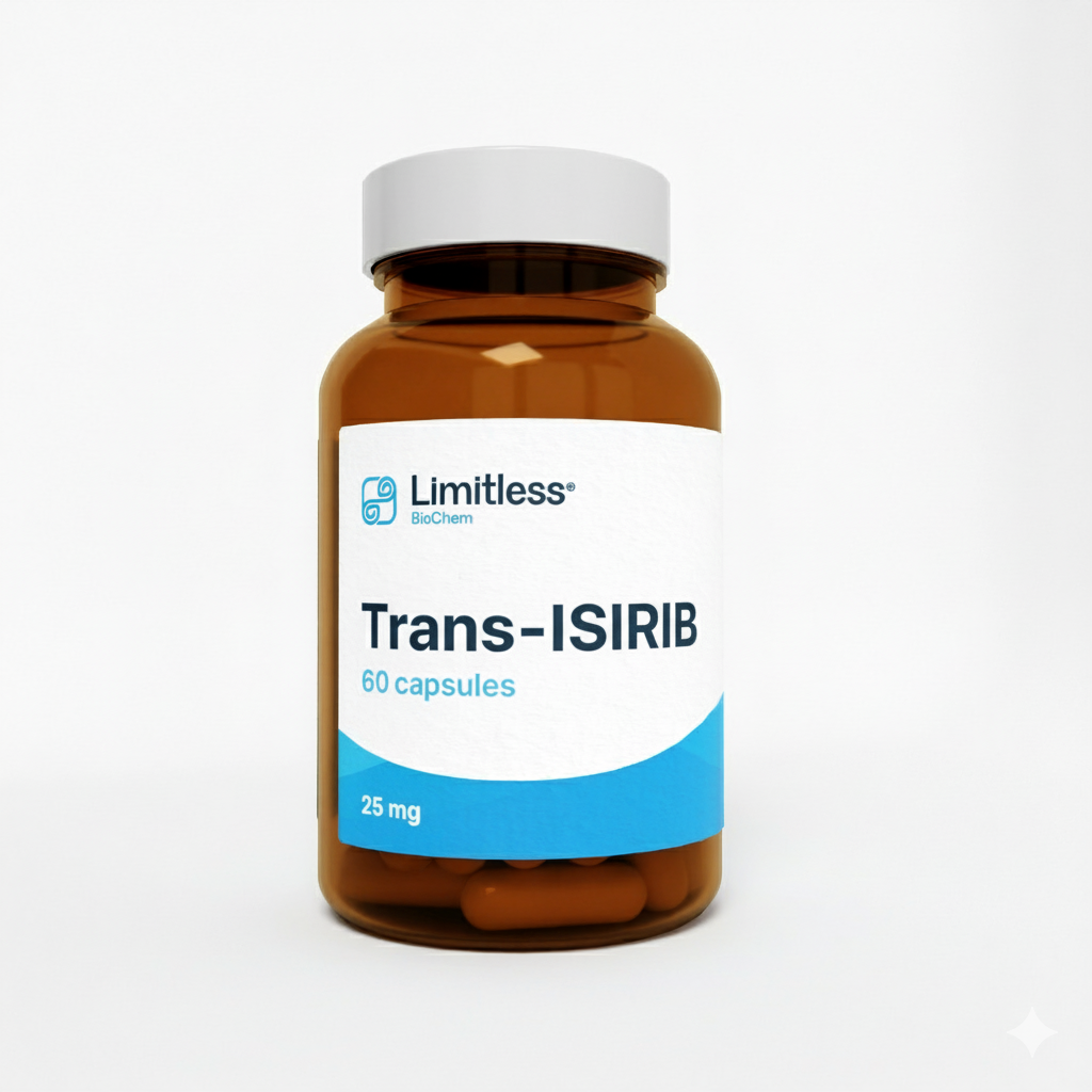 Trans-ISRIB 25 mg research capsules in 60-count bottle by Limitless BioChem, high-purity integrated stress response inhibitor small molecul.