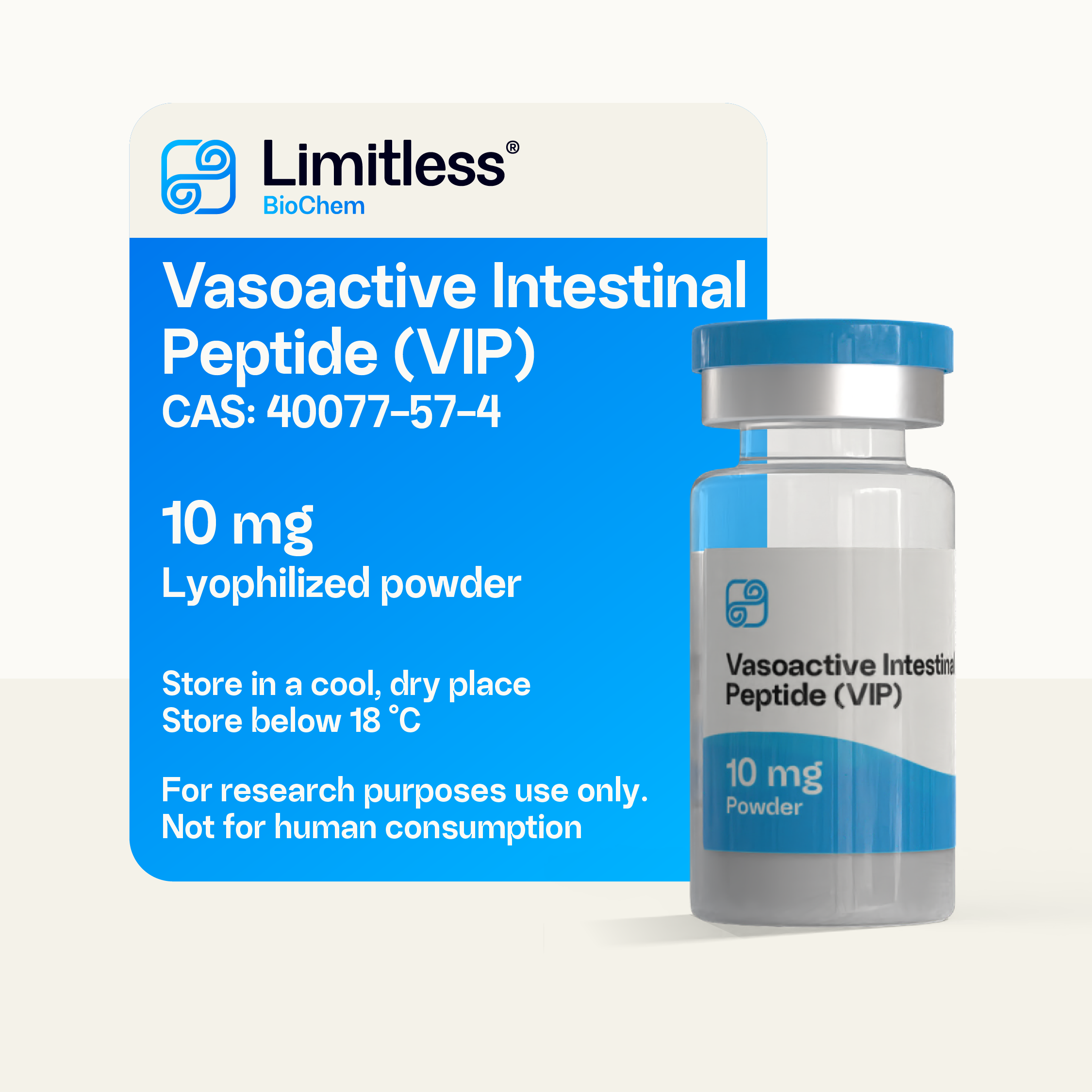 VIP Vasoactive Intestinal Peptide 10 mg lyophilized peptide powder in glass vial by Limitless BioChem, high-purity research peptide.